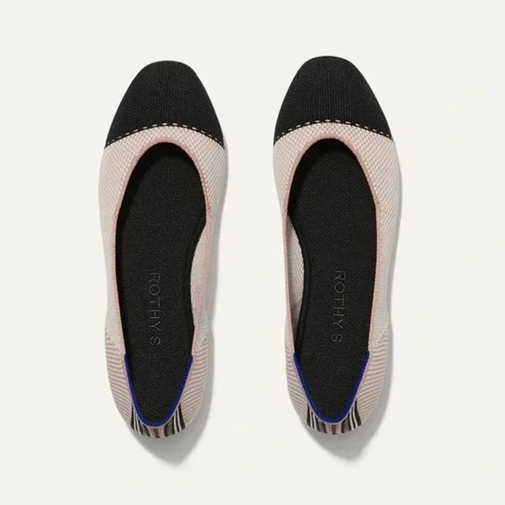 Rothy’s The Square Flats Tuxedo Cap Toe Cream Black Ballet Knit Slip On 9.5